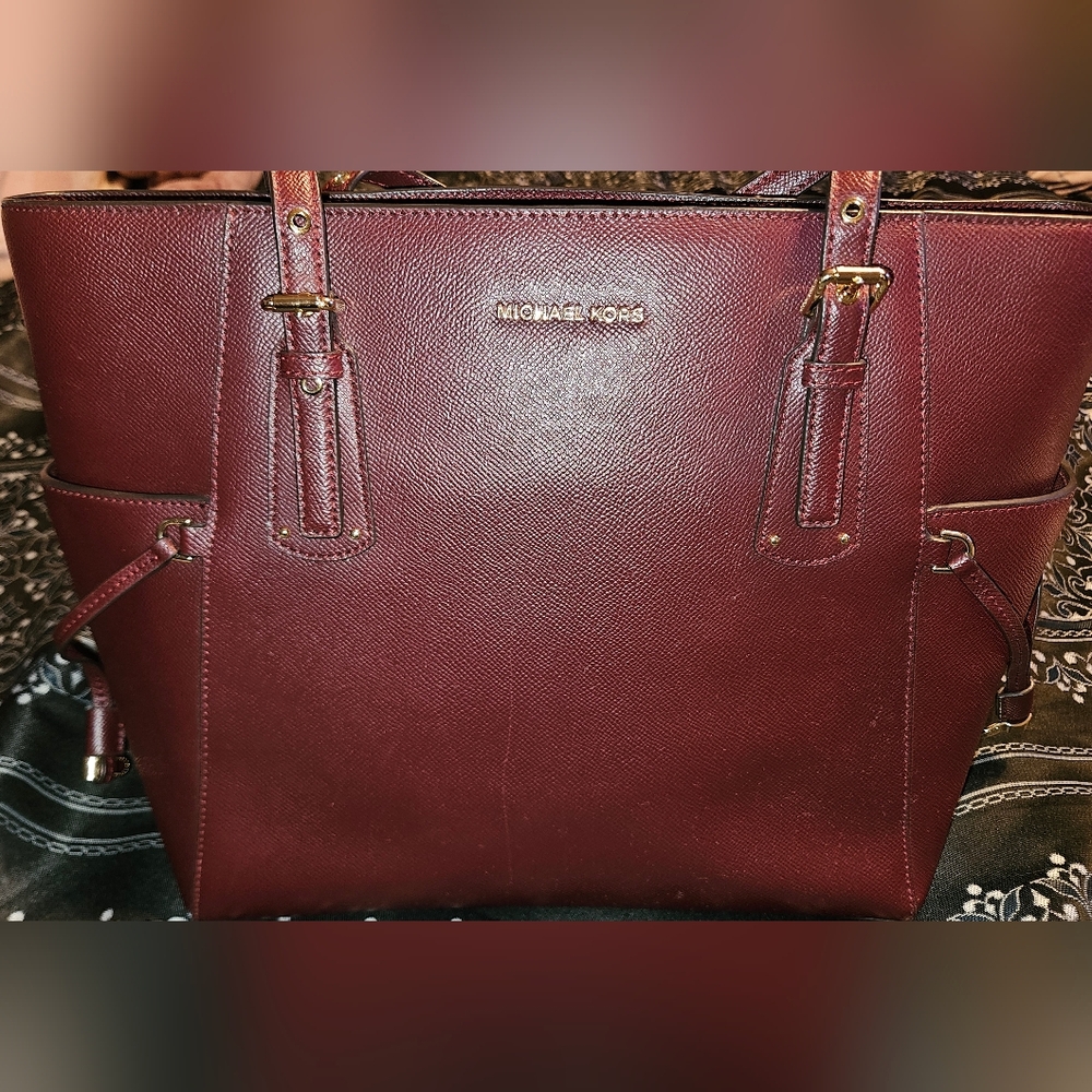 Michael Kors Maroon Saffiano Leather Tote with Gold Hardware